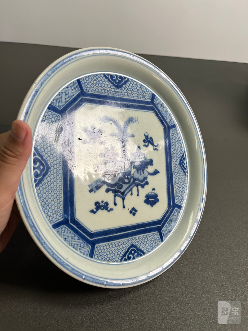 清康熙 青花博古纹大茶盘 - 图5